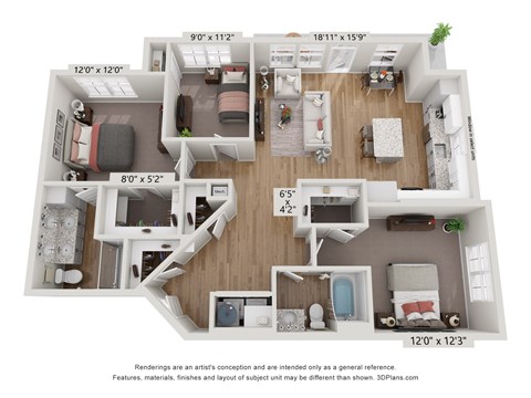 Floor plan for 3 beds, 2 baths, 1285 sqft